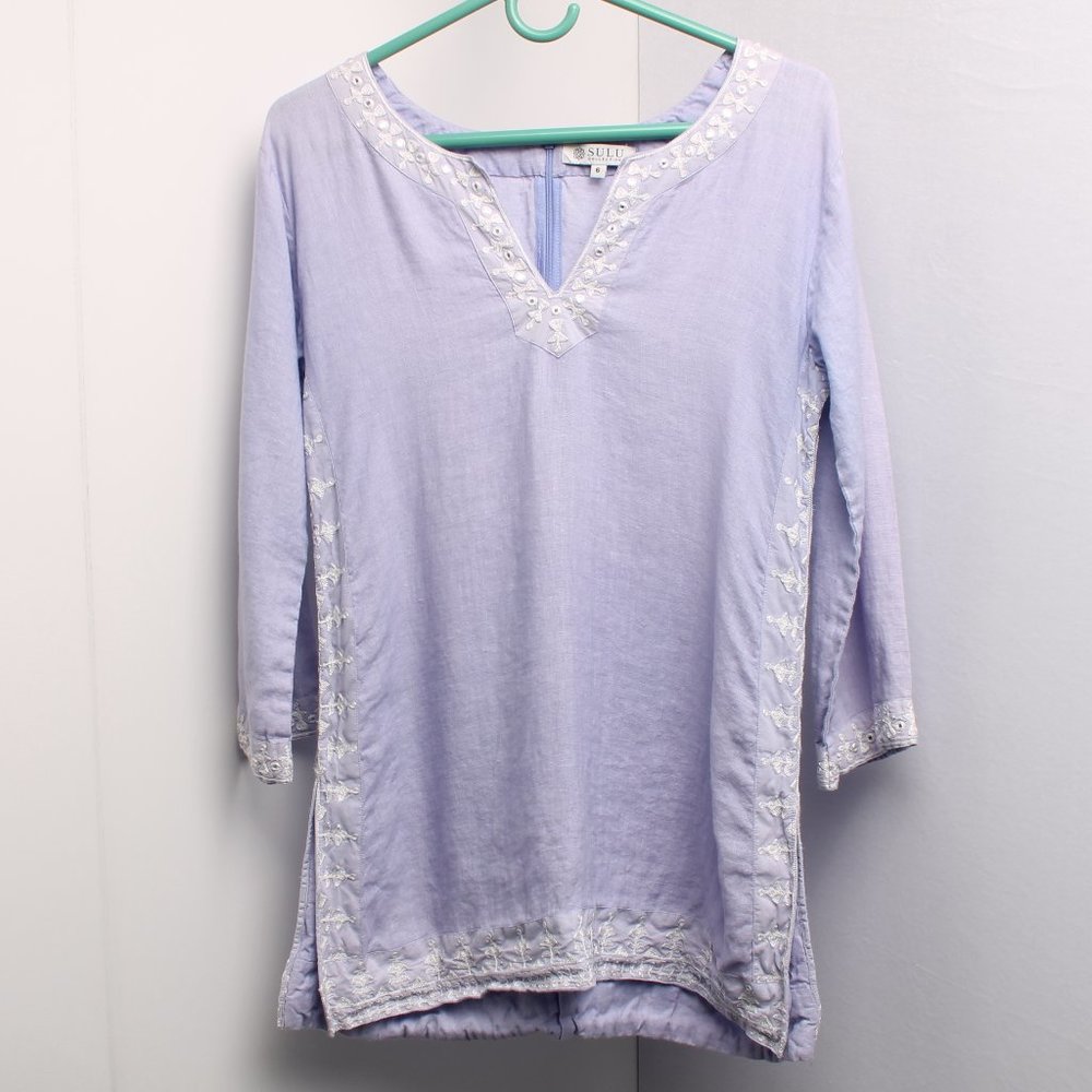 Sulu Collection Como 100% Linen Embroidered Tunic 3/4 Sleeve size 6 Violet